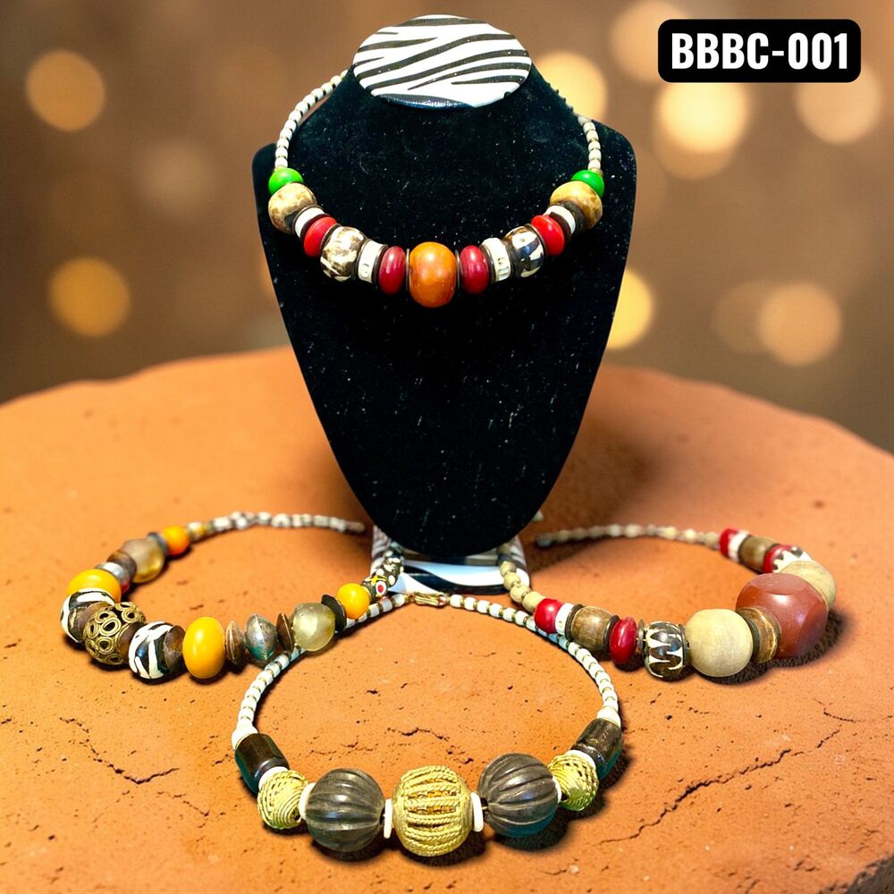 Handmade Kenya Choker Necklace Artisan Beaded Carved Bovine Bone Brass Hook NWOT